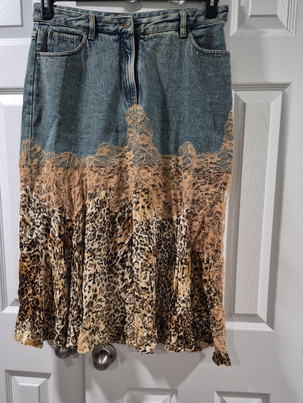 Newport News Jeanology Blue Denim Midi Skirt with Tan Lace & Leopard Hem